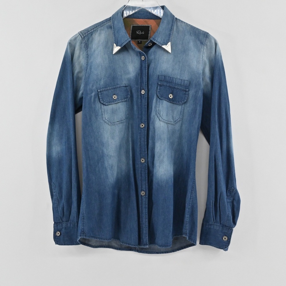 Rails Western Denim Button Down Shirt Womens Size M Blue Cotton Metal Collar Tip